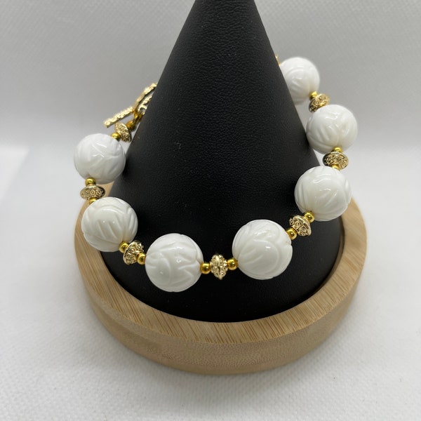 Grandmillenial bracelet white tridacna carved lotus beads, gold filled beads, toggle handmade artisan stacking Chinese chinoiserie
