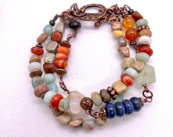 Colorful unique handmade bracelet FREE SHIPPING nature vibe gemstones stone and copper beads three multi strand blue orange green bee charm
