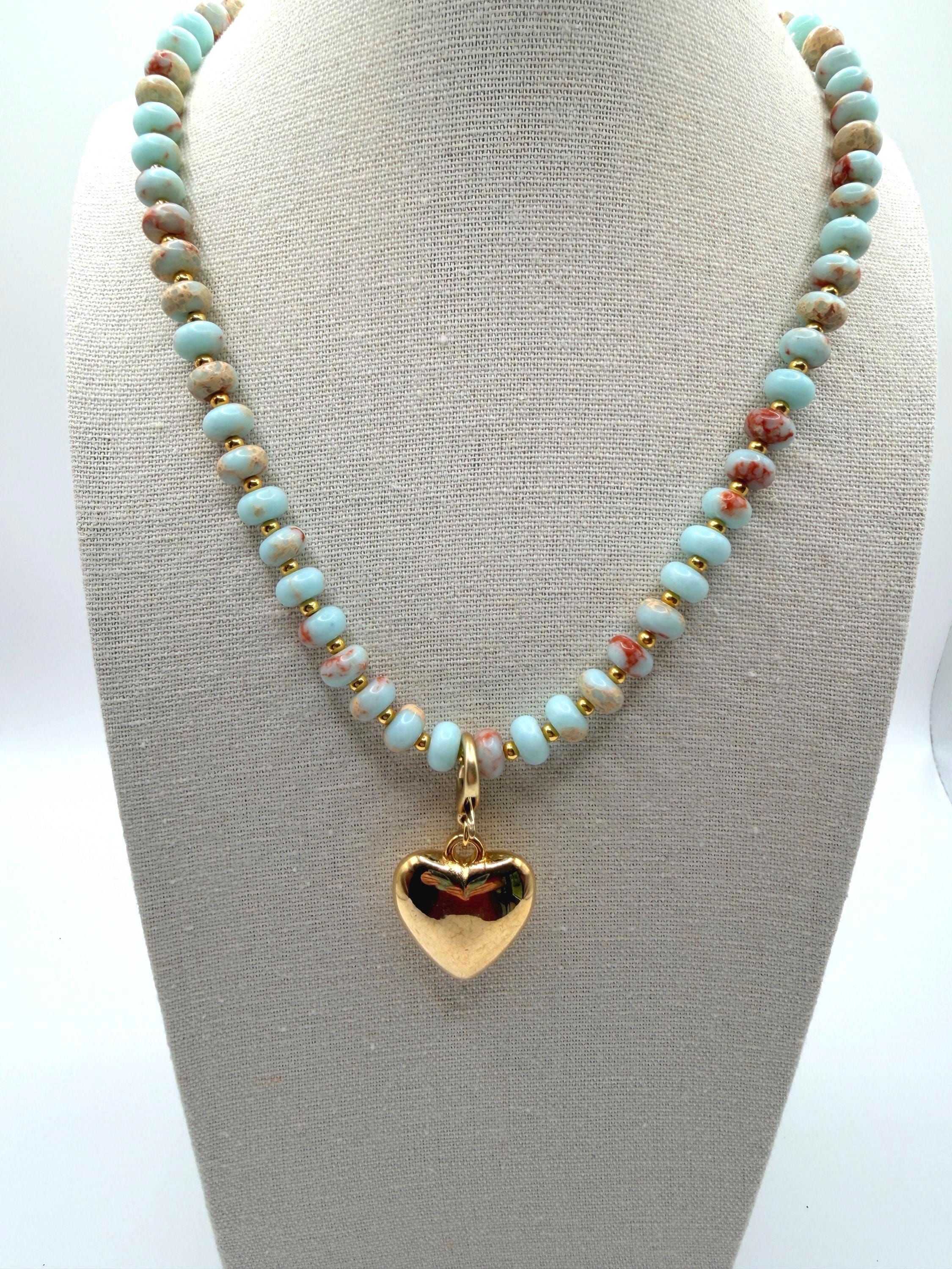 Bead necklace made with green imperial jasper stone rondelle gemstone beads and gold filled spacer beads colorful beachy vibe 18" heart.