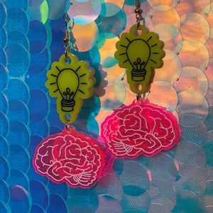 Cool brain unique acrylic earrings, teacher gifts, nerd gifts, fun statement jewelry, anatomy lover, horror lover, neon pink