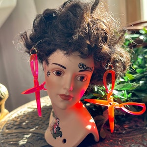 Fluorescent neon pink scissors, acrylic earrings, unique and funky, hair stylist gifts,