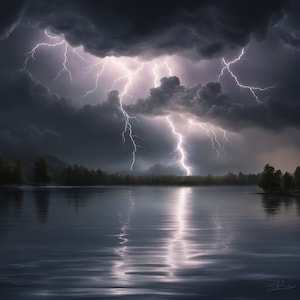 5 Digital Paintings of Thunderstorms over Ponds_AI Generated
