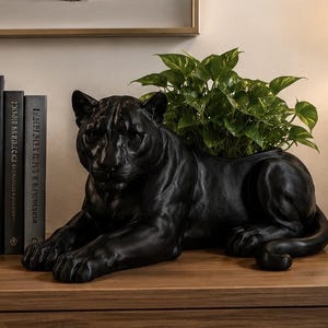 May include: A matte black panther-shaped planter featuring a realistic feline form in a reclining position. The sculpture has a hollow opening on the back containing a lush green leafy plant. The panther is positioned next to four black books.