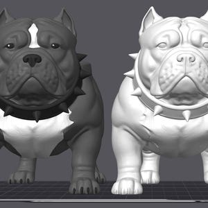 May include: Two 3D digital models of muscular bulldog-type dogs standing side by side. The left dog is dark gray with a white chest patch, and the right dog is solid white. Both figures wear wide collars featuring prominent, sharp, conical spikes.