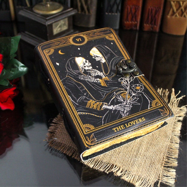 The Lovers Tarot Notebook Spiral Gothic Book of Spells Grimoire Printed Journal Notebook Skull lover Antique Journals gifts for men or women