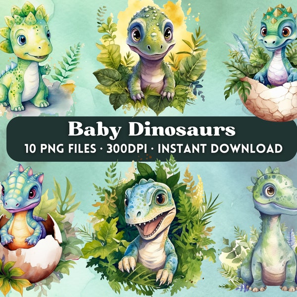 Baby Dinosaurs Clipart Bundle, 10 PNGs, Transparent Background, Watercolor, Clip Art, T-rex, Nursery Decor, Birthday Party, Baby Shower