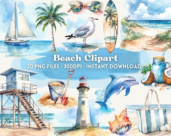 Beach Watercolor Clipart Bundle, 20 PNGs, Beach, Summer Graphics, Clip art, Holiday, Ocean, Travel, Vacation, Holiday,