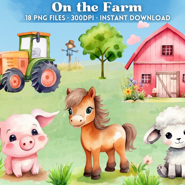 On the Farm Watercolor Clipart Bundle, 18 PNGs, Farm Animals, Kids Birthday, Nursery Decor, Children's Party invitation, Pig, Cow, Sheep