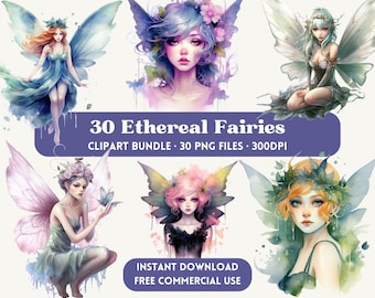 Ethereal Fairies Clipart Bundle, 30 PNG, fond transparent, aquarelle, fantaisie, fée, magique