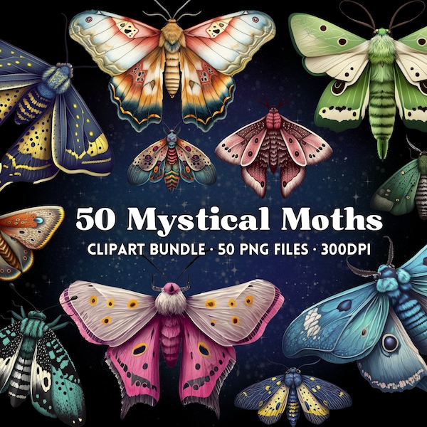 50 Mystical Moths Clipart Bundle, 50 PNGs, Transparent Background, Watercolor, Fantasy, Magical