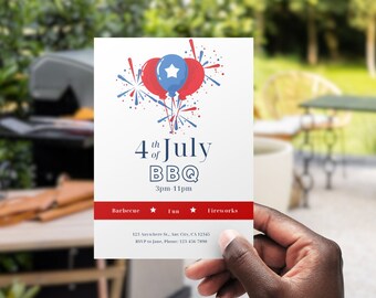 Convite Patriótico para o 4 de Julho | Convite para o 4 de Julho com Fogos de Artifício | Convite Editável para o 4 de Julho | Convite Digital para Churrasco do 4 de Julho