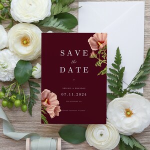 Plantilla para guardar las fechas de boda Boda moderna simple Elegante Tarjeta para guardar la fecha Tarjeta color rubor granate Guarde la fecha Evite guardar la invitación para la fecha