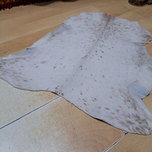 May include: A cowhide rug with a natural, irregular shape. The rug is primarily off-white with scattered brown spots. The hide is lying on a light-colored wooden floor, showcasing its texture and pattern. This rug adds a rustic touch to any space.