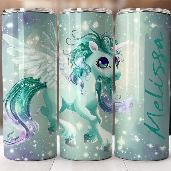 3D Magical flying Unicorn Tumbler Wrap, SEAMLESS, Add Your Own Name, 20oz Tumbler wrap, straight skinny tumbler, Download PNG, Gift idea