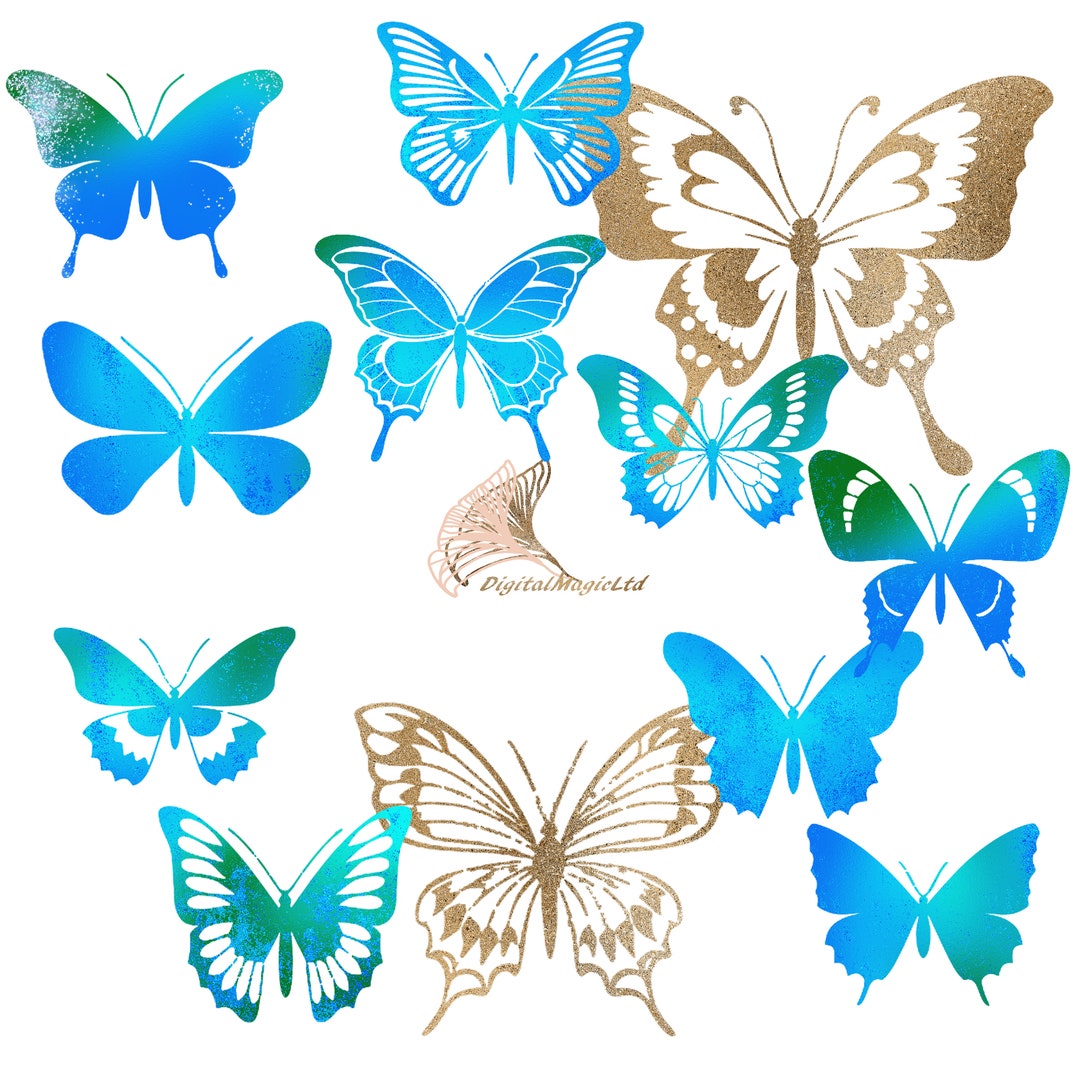 Baby Blue Butterfly Clipart Set, Glitter and Gold Butterflies, for