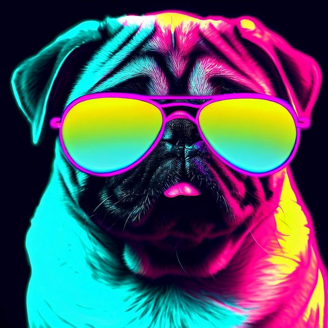 Neon Pug With Sunglasses Animal Art Pug Dog Renaissance Art Print
