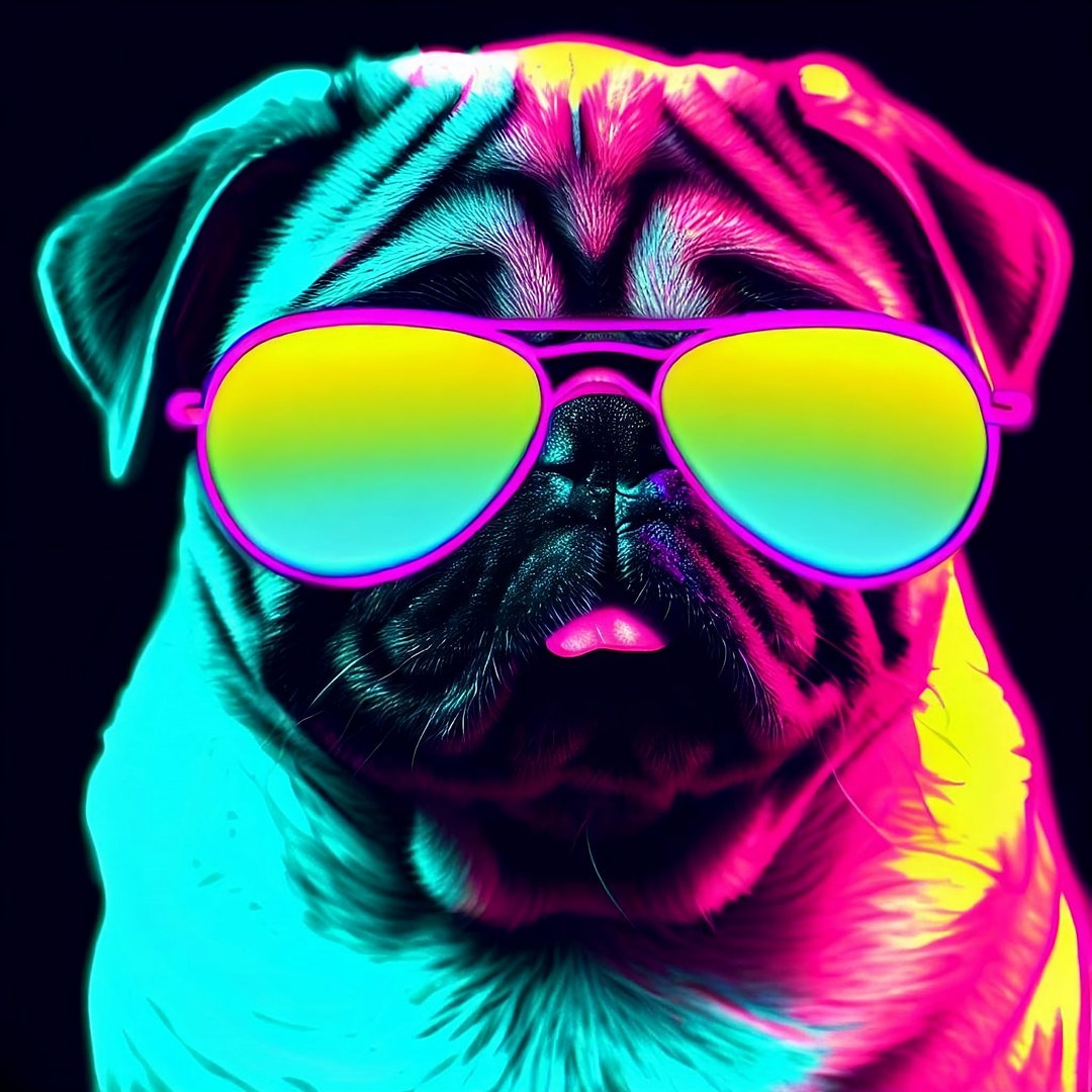 Neon Pug With Sunglasses Animal Art Pug Dog Renaissance Art Print