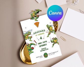 Editable Ninja Birthday Invitation Template, Turtles Party, Kids Evite, Printable Canva Invite Template, Digital Download, Boys invite #0089