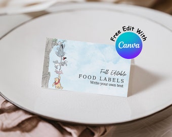 Editable Winnie the Pooh Baby Shower Food Tags, Winnie the Pooh Buffet Label, Kids Tent Card Food Labels #0080