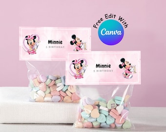Minnie Mouse Themed Treat Bag Topper - Editable Birthday Party Bag Topper -  Treat Bag Stickers - Party Favor Template #0123