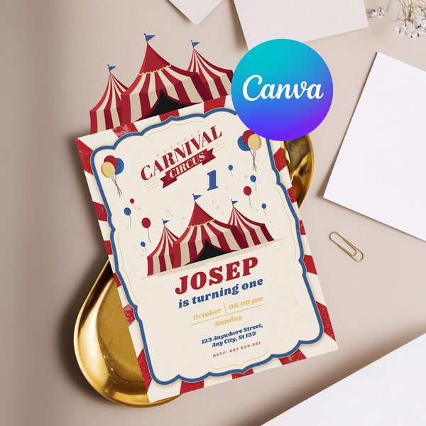 Editable Carnival Birthday Invitation Template, Kids Evite, Circus Birthday, Digital Download,Printable Canva Invite Template #0039