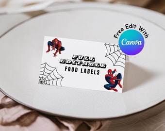 Etiquetas editables de comida para fiesta de cumpleaños de Spiderman, etiqueta de buffet de Spiderman, etiquetas de comida para tarjetas de tienda de campaña para niños #0143