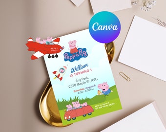 Peppa Pig Birthday Invitation CANVA Template Editable Printable Invite Instant Download Girls Kids Birthday invite #0014