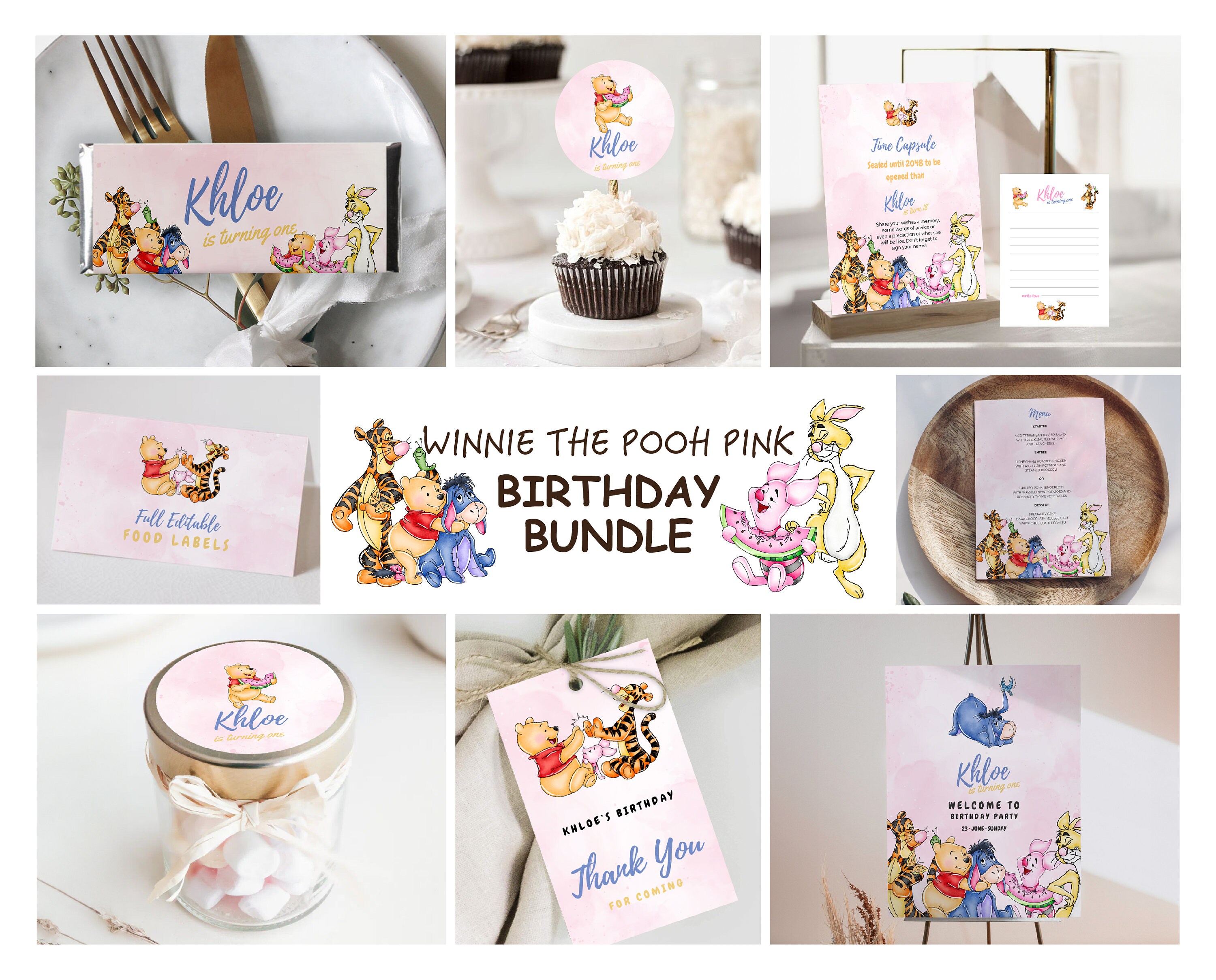 Classic Winnie the Pooh Birthday Invitation Bundle Little Hunny Birthday Invitation Edit Vintage Pooh Bear Party Decorations