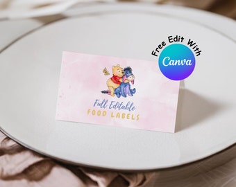 Bearbeitbare Winnie the Pooh Geburtstagsparty Food Tags, Winnie the Pooh Buffet Label, Kinder Zeltkarte Lebensmitteletiketten, Hundert Morgen Holzparty #0155