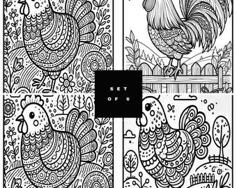 May include: A set of six black and white colouring pages featuring detailed illustrations of chickens and roosters. The illustrations are intricate and feature a variety of patterns and designs. The text "SET OF 6" is displayed in the centre of the image.