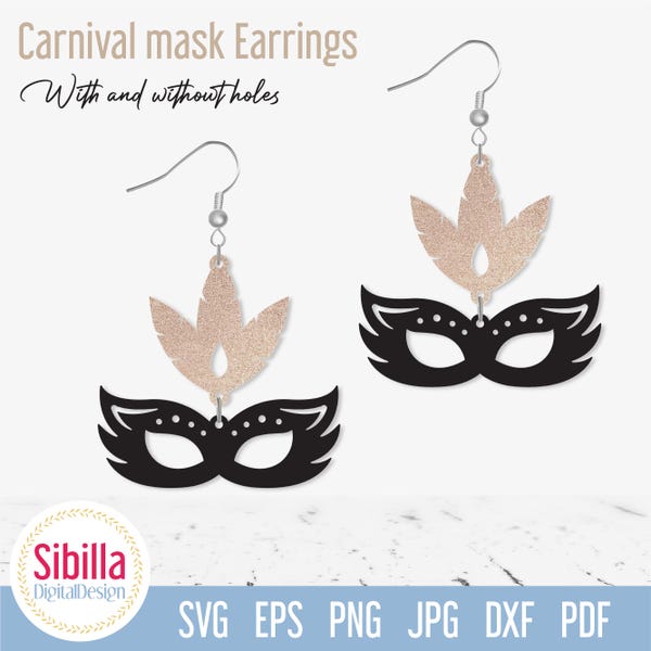 Mardi Gras masque boucle d'oreille SVG, modèle svg de boucle d'oreille en cuir de masque de carnaval, fichier svg de nouvel an bijoux pour Cricut Silhouette Glowforge Laser