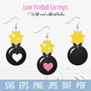 Op de afbeelding: Drie paar oorbellen met een zwarte bom met een gele ster erop en een roze of wit hart aan de voorkant. De oorbellen zijn verkrijgbaar met of zonder gaten. Love FireBall Earrings. With and without holes. SVG EPS PNG JPG DXF PDF