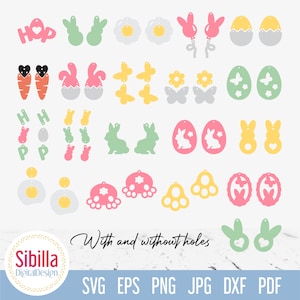 Lot de boucles d'oreilles de Pâques mignon SVG, modèle SVG de boucles d'oreilles en simili cuir lapin, bijoux de printemps coupe fichier pour Cricut Silhouette Glowforge découpé au Laser