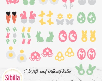 Cute Easter Earrings SVG Bundle, Bunny Faux Leather Earrings SVG Template, Spring Jewelry cut file for Cricut Silhouette Glowforge Laser cut