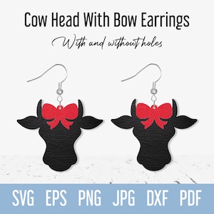 Cow Head with Bow Earring SVG template, Cute Faux Leather Earring SVG, Earring svg files for Cricut projects, Dangle Earring digital design