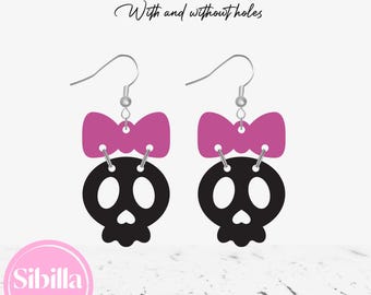 Skull with bow Earrings SVG, Halloween Faux Leather Earrings SVG, Cute Fall Earrings Cut file, Spooky Glowforge Earrings, Gothic Autumn SVG