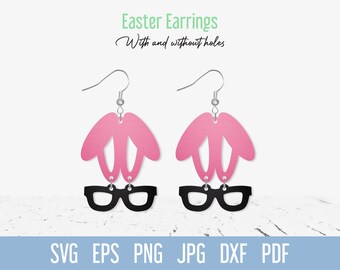 Easter Bunny Earring SVG, Bunny Ears with Glasses Jewelry Template, Cute cut file for Cricut Glowforge, Funny Easter Leather earrings svg