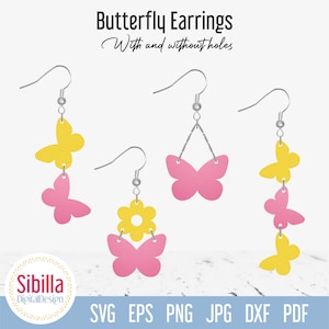 Schmetterling Ohrring SVG Schnittdatei, Frühling Blumen Kunstleder Ohrringe svg Vorlage, Sommer baumeln Schmuck SVG für Cricut Glowforge Laser-Schnitt