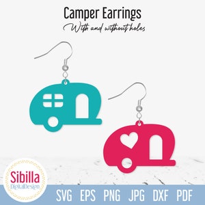 May include: Two pairs of camper earrings, one pair is teal blue and the other is pink. The teal blue pair has a window cutout and the pink pair has a heart cutout.