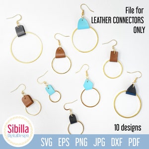 May include: Ten designs for leather earring connectors. The connectors are in various shapes and colors, including brown, black, and blue. The connectors are shown on gold hoops.
