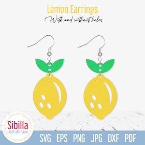 May include: A pair of yellow lemon-shaped earrings with green leaf details, suspended from silver hooks. The image includes the text "Lemon Earrings" and file type options such as SVG, EPS, and PNG, suggesting a digital design.