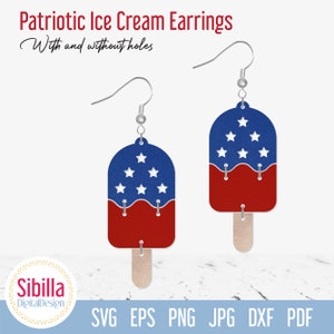 Boucle d'oreille drapeau américain SVG, boucles d'oreilles patriotiques en cuir SVG, fichier coupe bijoux crème glacée, boucles d'oreilles Glowforge du 4 juillet, svg de la fête de l'indépendance