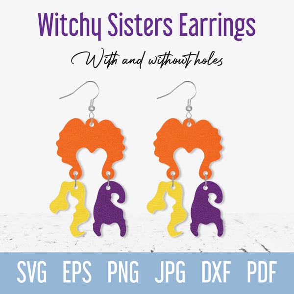 Witch Sisters Earrings SVG, Leather Earring SVG, Halloween Jewelry SVG, Faux Leather Earring svg for Cricut, Halloween Earring Template svg