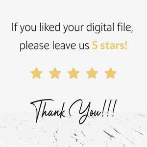 Puede incluir: Un fondo blanco con texto negro que dice "Si te gust&oacute; tu archivo digital, por favor d&eacute;janos 5 estrellas!" y "&iexcl;Gracias!!!". Cinco estrellas doradas est&aacute;n debajo del texto.