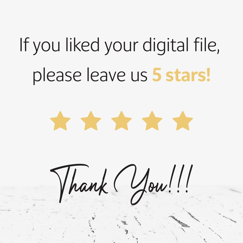 Puede incluir: Un fondo blanco con texto negro que dice "Si te gust&oacute; tu archivo digital, por favor d&eacute;janos 5 estrellas!" y "&iexcl;Gracias!!!". Cinco estrellas doradas est&aacute;n debajo del texto.