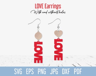 Love Earring SVG cut file, Valentine Day Faux Leather Earrings SVG Template, Heart Jewelry svg for Cricut Glowforge Silhouette Laser cutting
