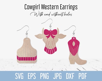 Western Leder Ohrring SVG, Cowgirl Stiefel Kunstleder SVG Vorlage, Kuh Ohrmarken Cricut Ohrring, Landmädchen Silhouette Cut Files Design