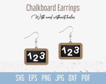 May include: A pair of brown chalkboard earrings with the number 123 written in white chalk. The earrings are shown with and without the earring hooks.