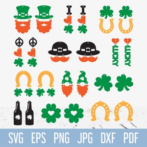May include: A set of 20 St. Patrick's Day themed SVG cut files. The designs include leprechauns, shamrocks, horseshoes, beer bottles, hearts, and the words "I Love" and "Lucky".