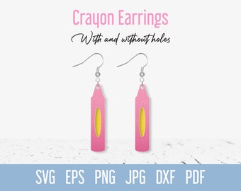 May include: Pink and yellow crayon-shaped earrings with silver hooks. The earrings are available with and without holes. SVG, EPS, PNG, JPG, DXF, PDF.